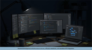 Backend development ensures secure servers, efficient databases, and seamless API integration