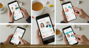 User-friendly pharma app features for managing prescriptions, appointments, and consultations.